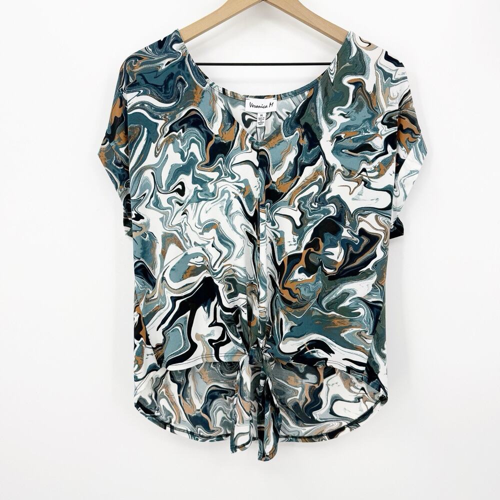 Veronica M Tie Front‎ Blouse XL Womens Modern Abstract Marble Print Effortless